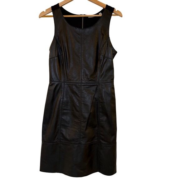 Halogen Leather Front Shift Dress Womens 8P Black Excellent Mixed Media Zip Back - Picture 2 of 8
